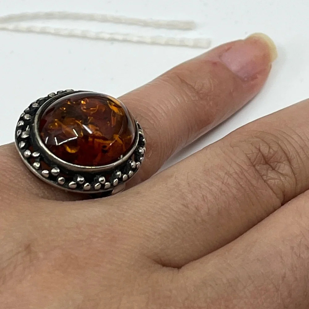 Vintage 925 Poland Baltic Amber Sterling Silver Ring, Size 5.5 - Picture 9 of 16